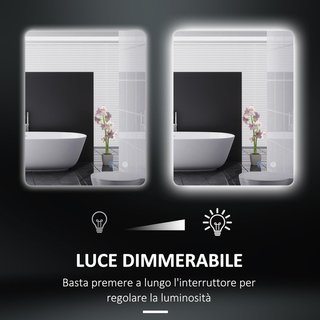 Espejo de Baño Con Luz LED 70X50 Cm, 3 Colores de Luz, 3000K-6500K, Interruptores Táctiles, Espejo de Pared Retroiluminado Con Brillo Regulable, Función de Memoria y Anti-empañamiento, IP44