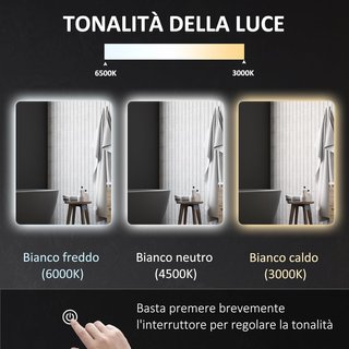 Espejo de Baño Con Luz LED 70X50 Cm, 3 Colores de Luz, 3000K-6500K, Interruptores Táctiles, Espejo de Pared Retroiluminado Con Brillo Regulable, Función de Memoria y Anti-empañamiento, IP44