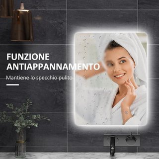 Espejo de Baño Con Luz LED 70X50 Cm, 3 Colores de Luz, 3000K-6500K, Interruptores Táctiles, Espejo de Pared Retroiluminado Con Brillo Regulable, Función de Memoria y Anti-empañamiento, IP44