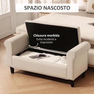 Banco de Dormitorio con Compartimento de Almacenamiento y Brazos Enrollados, Banco Tapizado en Tejido de Efecto Terciopelo, para Entrada y Sala de Estar, 126X48.5X57 Cm, Beige