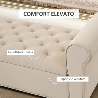 Banco de Dormitorio con Compartimento de Almacenamiento y Brazos Enrollados, Banco Tapizado en Tejido de Efecto Terciopelo, para Entrada y Sala de Estar, 126X48.5X57 Cm, Beige