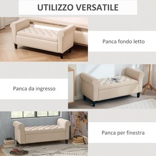 Banco de Dormitorio con Compartimento de Almacenamiento y Brazos Enrollados, Banco Tapizado en Tejido de Efecto Terciopelo, para Entrada y Sala de Estar, 126X48.5X57 Cm, Beige
