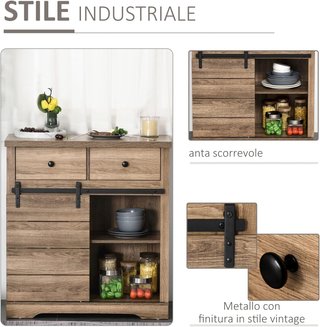 Credenza con 2 cassetti, ripiani aperti e portabottiglie, credenza rustica in legno e metallo, 80x39x86 cm, colore legno