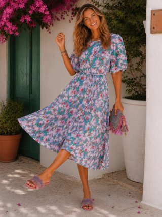 Vestido Estampado Midi Verde y Morado