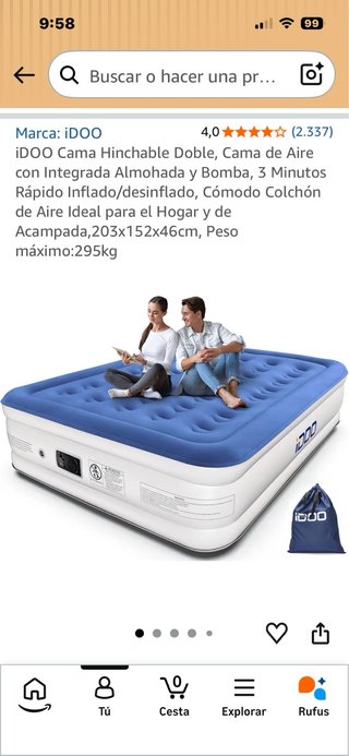 Colchón inflable 203x152x46, con bomba electrica.