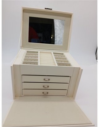 SONGMICS Caja Joyero de 4 Niveles - Caja para Joyas con Asa - 3 Cajones - Espejo - Cerradura - para Viajar - Regalo - Superficie Blanco