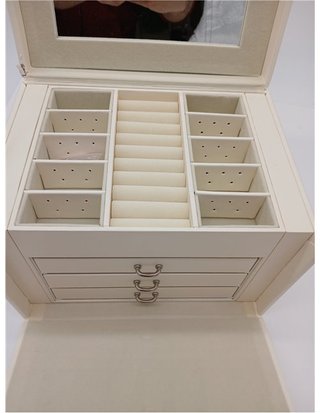 SONGMICS Caja Joyero de 4 Niveles - Caja para Joyas con Asa - 3 Cajones - Espejo - Cerradura - para Viajar - Regalo - Superficie Blanco