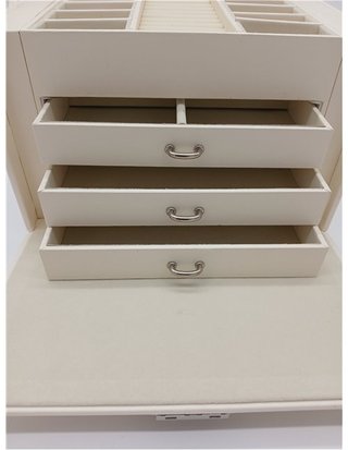SONGMICS Caja Joyero de 4 Niveles - Caja para Joyas con Asa - 3 Cajones - Espejo - Cerradura - para Viajar - Regalo - Superficie Blanco