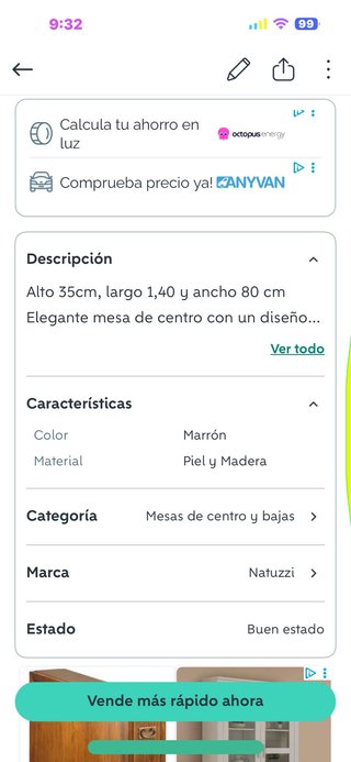 Mesa baja Natuzzi piel negra/marrón, madera