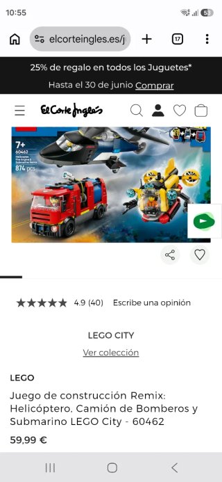 LEGO City 60462 Helicoptero, Camion Bomberos y Sub