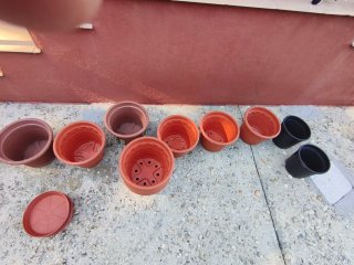 Macetas de plástico marrones y negras