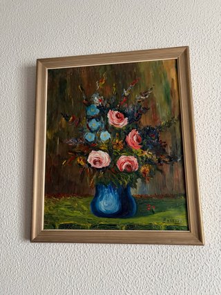 Cuadro de flores en jarrón azul
