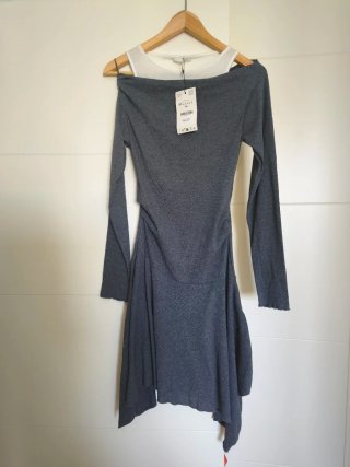 Vestido Zara M gris drapeado asimétrico 38 nuevo