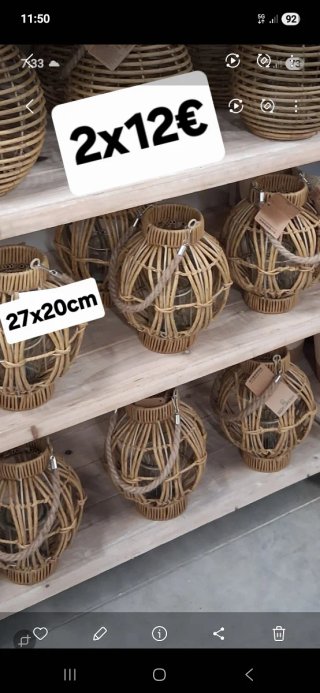 2 x12€portavelas de mimbre y cristal 27x20cm