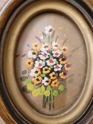 Coppia Cornici Ovale Dipinti Fiori Legno