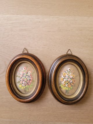 Coppia Cornici Ovale Dipinti Fiori Legno