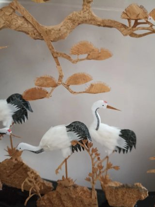 Gran diorama vintage,asiático con grullas y pagoda