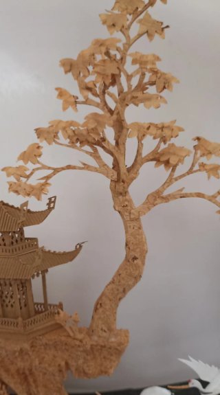 Gran diorama vintage,asiático con grullas y pagoda