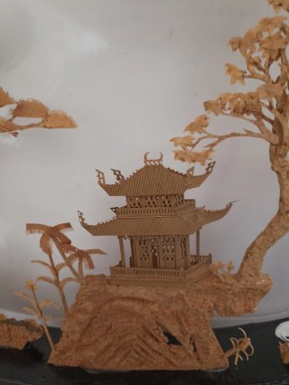 Gran diorama vintage,asiático con grullas y pagoda