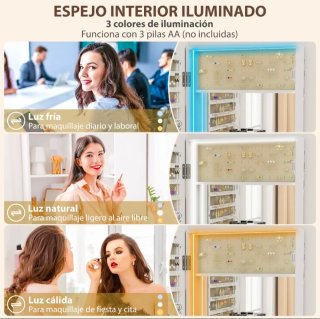Espejo joyero con luz LED de pared o puerta blanco