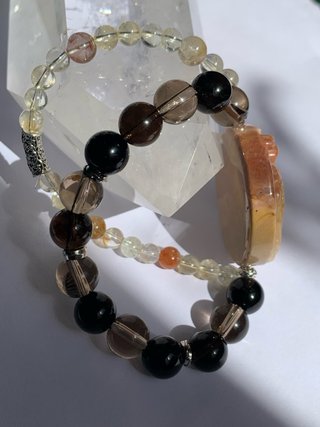 Pulsera Doble Fénix｜Cuarzo Ahumado & Cuarzo Dorado