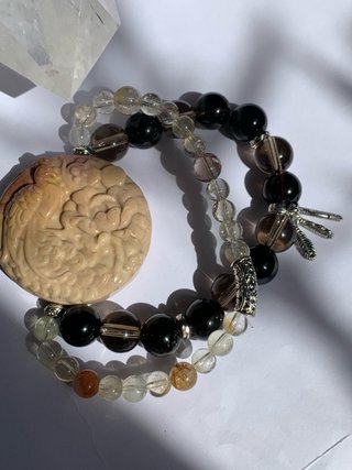 Pulsera Doble Fénix｜Cuarzo Ahumado & Cuarzo Dorado