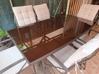 Mesa cristal 1.80m + 6 sillas
