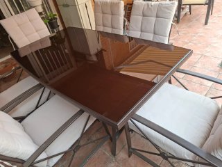 Mesa cristal 1.80m + 6 sillas