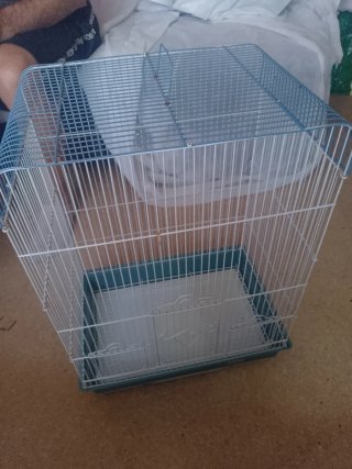Jaula para pájaros azul y blanca