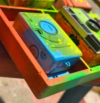 Quadro decorativo con fotocamere analogiche e carrelli