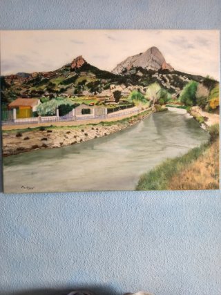 Cuadro al óleo paisaje río y flores