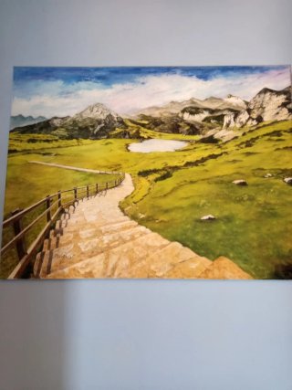 Cuadro al óleo paisaje río y flores
