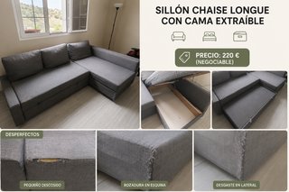 Sofá Chaise Longue Gris con Cama Extraíble