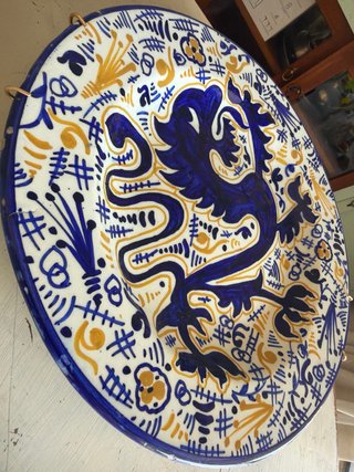 Platos Decorativos Pared Cerámica Azul y Amarillo