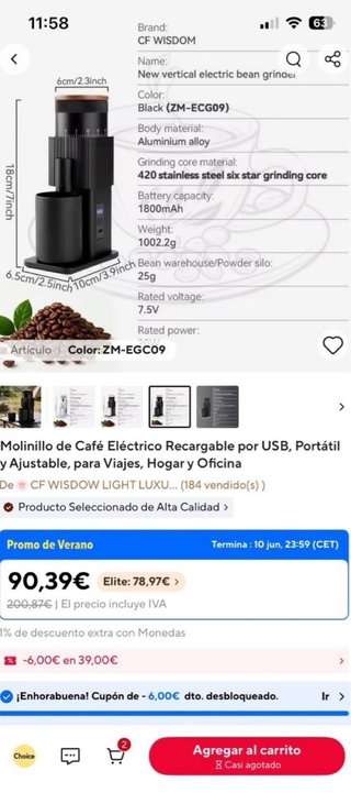 Molinillo café eléctrico negro