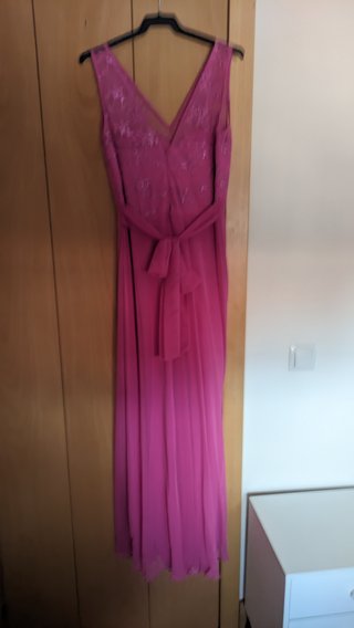 Vestido fiesta rosa encaje y pedrería T42