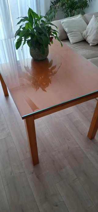 Mesa de comedor de madera y cristal