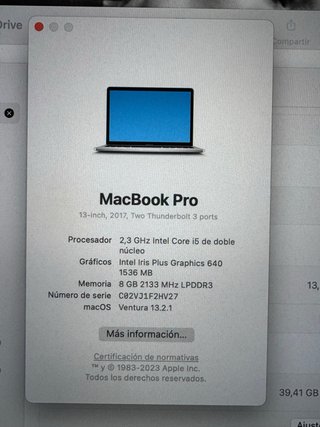 MacBook Pro 13 2017 Plata - 233 Ciclos Batería