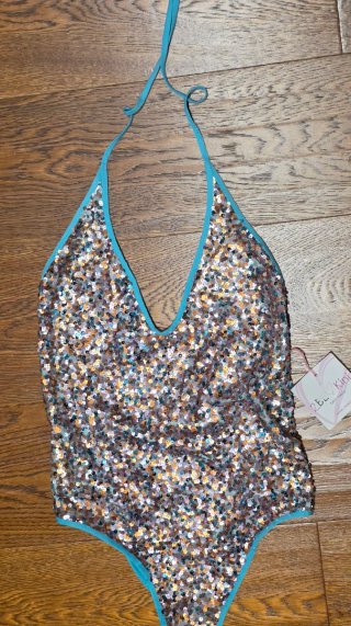 Costume intero 2bekini paillettes oro e petrolio