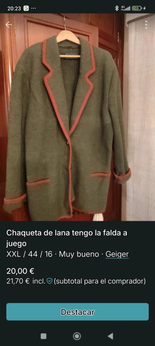 Chaqueta lana Geiger verde talla XXL