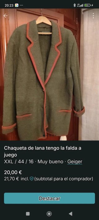 Chaqueta lana Geiger verde talla XXL