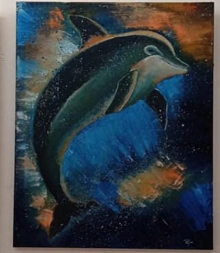Cuadro Óleo Delfín Azul y Naranja