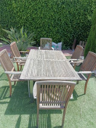 Conjunto mesa y sillas exterior madera  acero inox