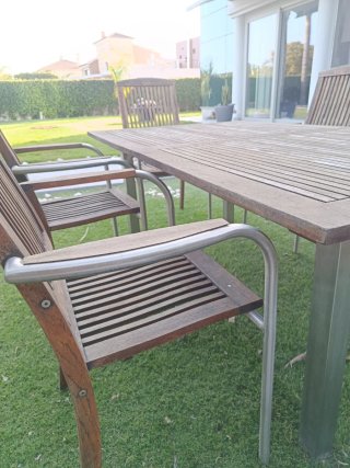 Conjunto mesa y sillas exterior madera  acero inox