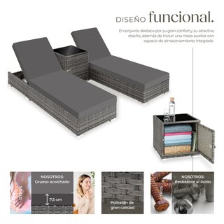 2 tumbonas y mesa de poliratán y aluminio, gris