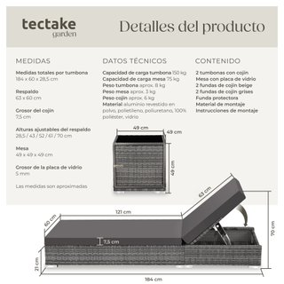 2 tumbonas y mesa de poliratán y aluminio, gris