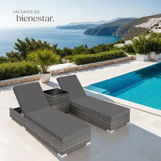 2 tumbonas y mesa de poliratán y aluminio, gris