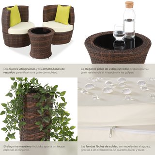 Conjunto de ratán y aluminio, 2 sillones, 1 mesa, 1 florero, marrón