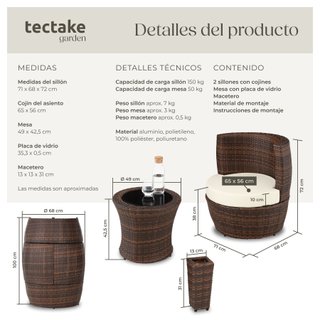 Conjunto de ratán y aluminio, 2 sillones, 1 mesa, 1 florero, marrón