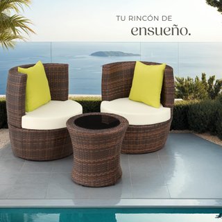 Conjunto de ratán y aluminio, 2 sillones, 1 mesa, 1 florero, marrón